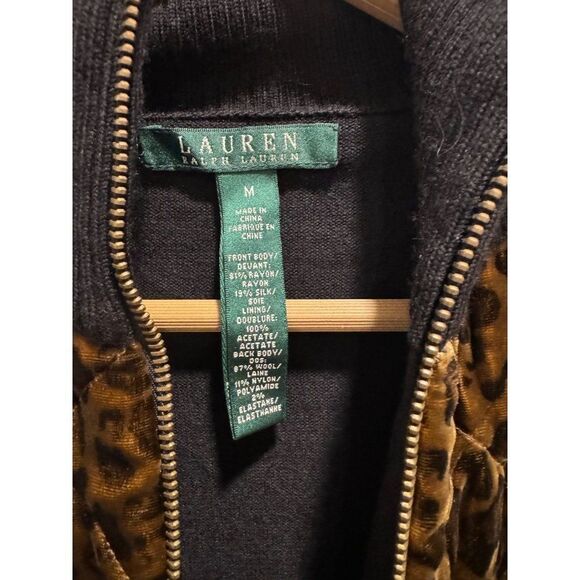 Lauren Ralph Lauren Quilted Leopard Print Velvet Zip Up Sweater/Jacket Silk/Wool - Picture 2 of 6